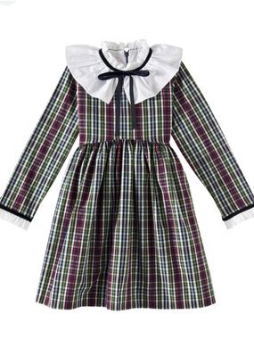La Coqueta Flora Girl Empire Dress in Navy Tartan.
